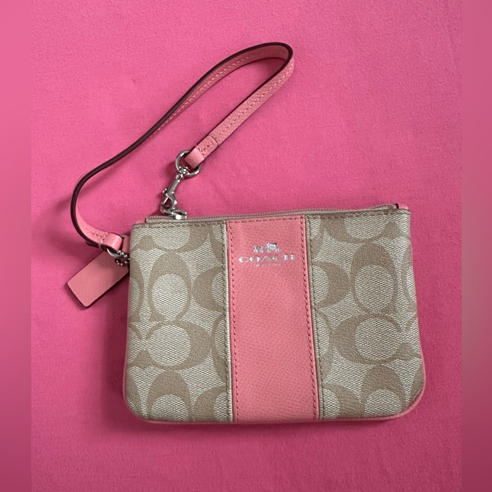 Coach Beige Signature Canvas Wristlet with Pink Leather Trim